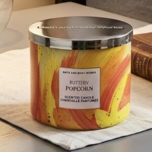 NEW BBW BUTTERY POPCORN 3-Wick Candle - Limited Edition Paint Stroke Label